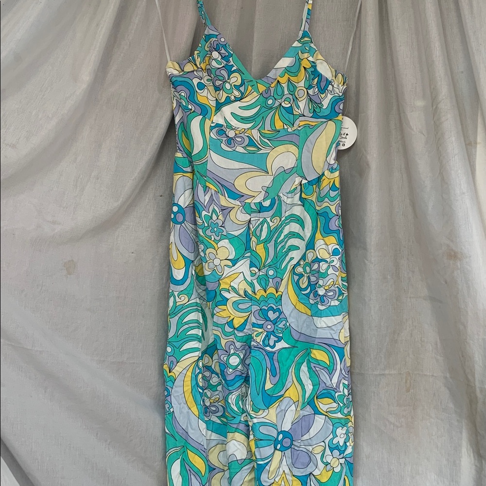 Floral Swirl V-Neck Slip Dress in Aqua & Yellow